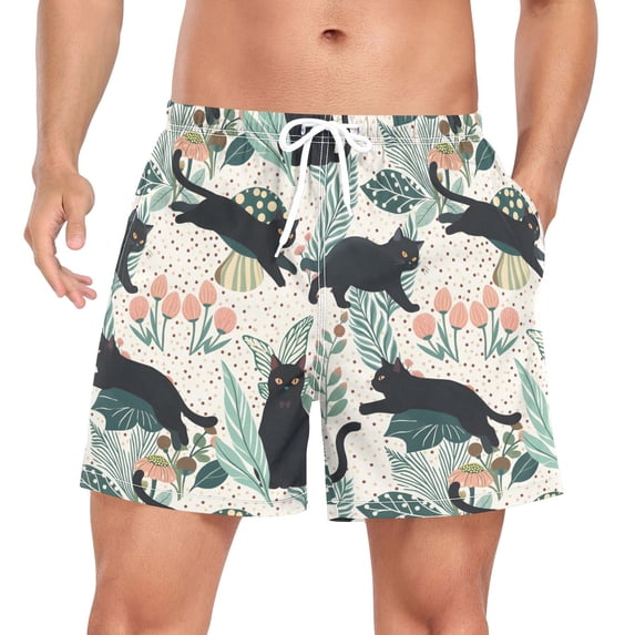 FORMRS Mens Swim Trunks Mesh Liner Quick Dry Casual Beach Board Shorts with Pockets, Sizes S-2XL, Black Floral Cat Pattern
