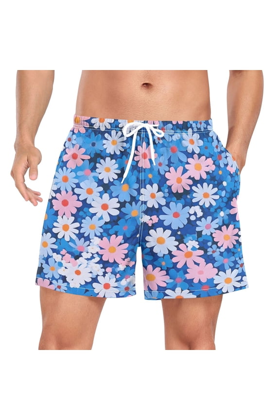 Mens Swim Trunks Mesh Liner Quick Dry Casual Beach Board Shorts with Pockets, Sizes S-2XL, Blue Daisy
