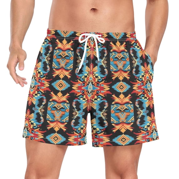 FORMRS Mens Swim Trunks Mesh Liner Quick Dry Casual Beach Board Shorts with Pockets, Sizes S-2XL, Blue Geometric
