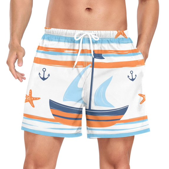 FORMRS Mens Swim Trunks Mesh Liner Quick Dry Casual Beach Board Shorts with Pockets, Sizes S-2XL, Blue Nautical Pattern