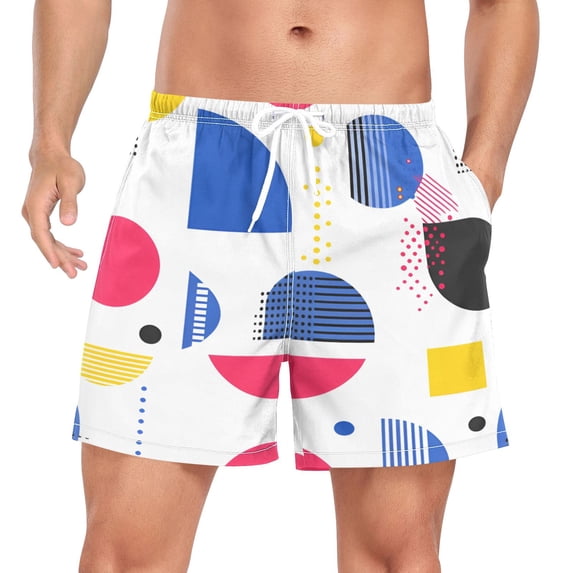 FORMRS Mens Swim Trunks Mesh Liner Quick Dry Casual Beach Board Shorts with Pockets, Sizes S-2XL, Blue Retro Shapes