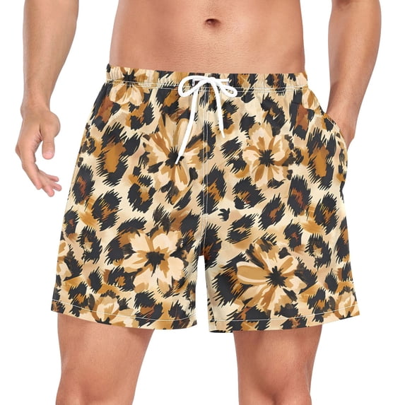 FORMRS Mens Swim Trunks Mesh Liner Quick Dry Casual Beach Board Shorts with Pockets, Sizes S-2XL, Brown Floral Leopard Pattern