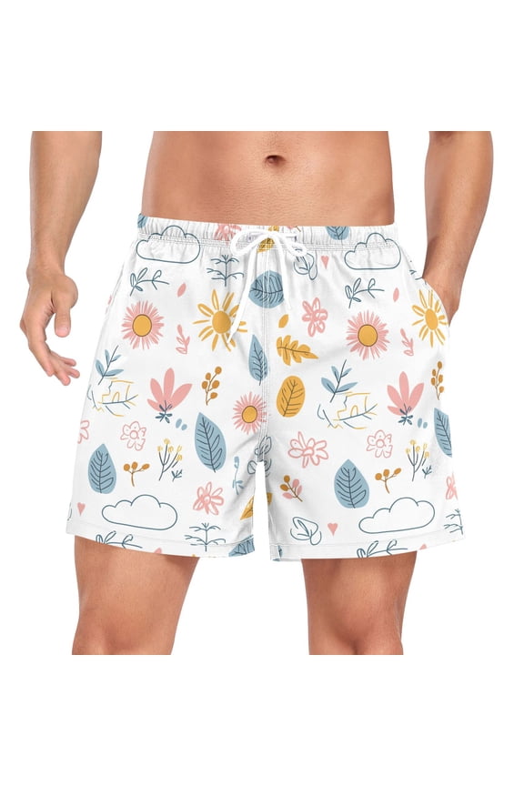 Mens Swim Trunks Mesh Liner Quick Dry Casual Beach Board Shorts with Pockets, Sizes S-2XL, Cartoon Doodles