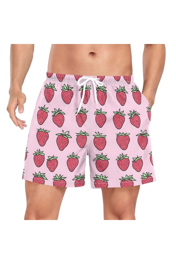 Mens Swim Trunks Mesh Liner Quick Dry Casual Beach Board Shorts with Pockets, Sizes S-2XL, Cartoon Strawberry