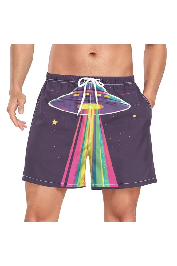 Mens Swim Trunks Mesh Liner Quick Dry Casual Beach Board Shorts with Pockets, Sizes S-2XL, Colorful UFO