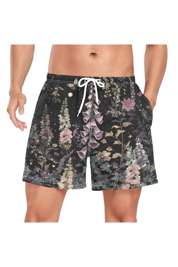 Mens Swim Trunks Mesh Liner Quick Dry Casual Beach Board Shorts with Pockets, Sizes S-2XL, Dark Flowers Pattern