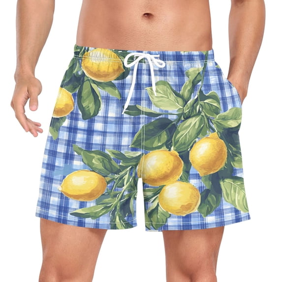 FORMRS Mens Swim Trunks Mesh Liner Quick Dry Casual Beach Board Shorts with Pockets, Sizes S-2XL, Green Lemon Plaid