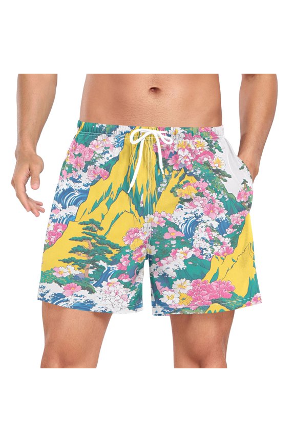 Mens Swim Trunks Mesh Liner Quick Dry Casual Beach Board Shorts with Pockets, Sizes S-2XL, Green Mountains