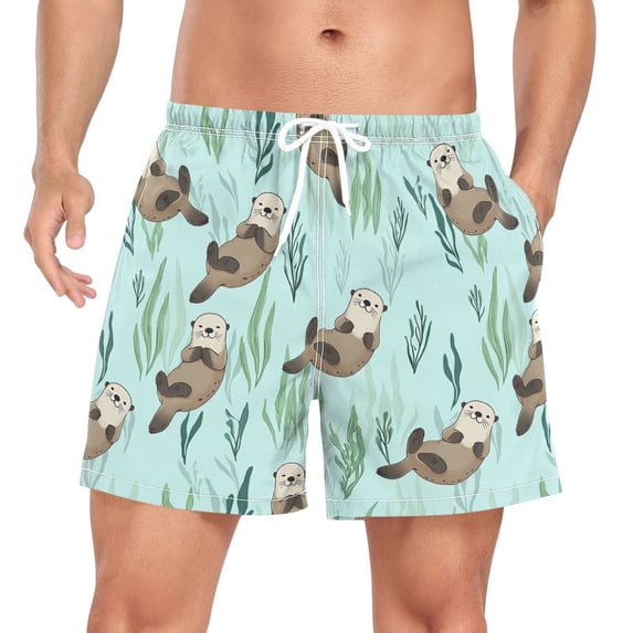 FORMRS Mens Swim Trunks Mesh Liner Quick Dry Casual Beach Board Shorts with Pockets, Sizes S-2XL, Green Otters Pattern