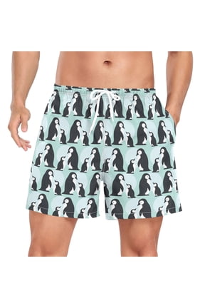 Mens Swim Trunks Mesh Liner Quick Dry Casual Beach Board Shorts with Pockets, Sizes S-2XL, Green Penguins Pattern
