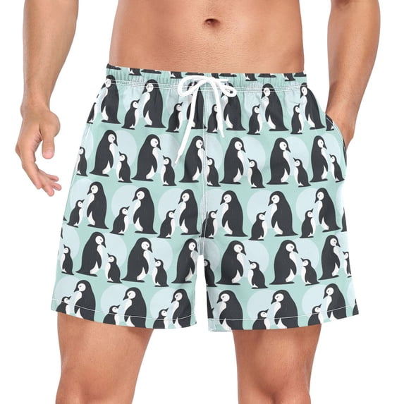 FORMRS Mens Swim Trunks Mesh Liner Quick Dry Casual Beach Board Shorts with Pockets, Sizes S-2XL, Green Penguins Pattern
