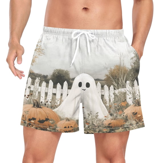 FORMRS Mens Swim Trunks Mesh Liner Quick Dry Casual Beach Board Shorts with Pockets, Sizes S-2XL, Halloween Pumpkin Field