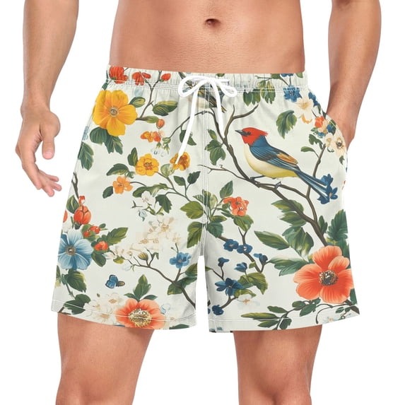 FORMRS Mens Swim Trunks Mesh Liner Quick Dry Casual Beach Board Shorts with Pockets, Sizes S-2XL, Light Green Floral Pattern
