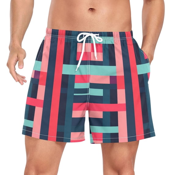 FORMRS Mens Swim Trunks Mesh Liner Quick Dry Casual Beach Board Shorts with Pockets, Sizes S-2XL, Navy Blue Stripes