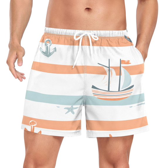 FORMRS Mens Swim Trunks Mesh Liner Quick Dry Casual Beach Board Shorts with Pockets, Sizes S-2XL, Orange Nautical Pattern