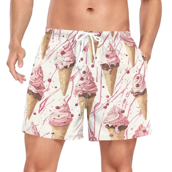 FORMRS Mens Swim Trunks Mesh Liner Quick Dry Casual Beach Board Shorts with Pockets, Sizes S-2XL, Pink Ice Cream Pattern