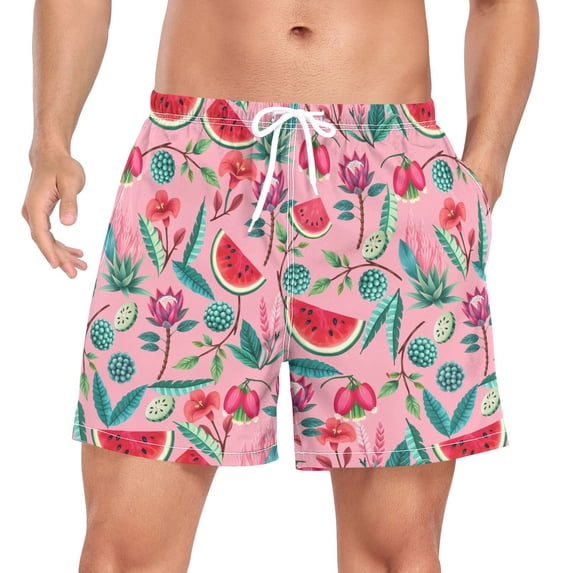 FORMRS Mens Swim Trunks Mesh Liner Quick Dry Casual Beach Board Shorts with Pockets, Sizes S-2XL, Pink Tropical Pattern