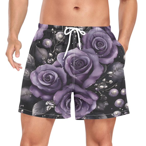 FORMRS Mens Swim Trunks Mesh Liner Quick Dry Casual Beach Board Shorts with Pockets, Sizes S-2XL, Purple Roses