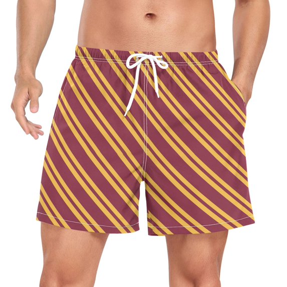 FORMRS Mens Swim Trunks Mesh Liner Quick Dry Casual Beach Board Shorts with Pockets, Sizes S-2XL, Red Stripes Pattern