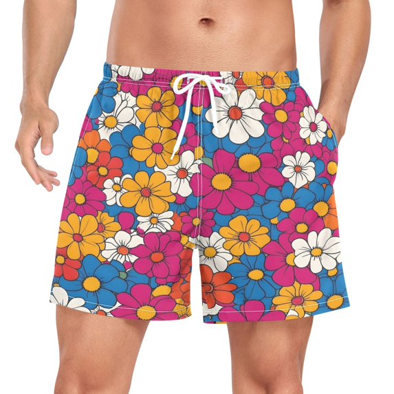 FORMRS Mens Swim Trunks Mesh Liner Quick Dry Casual Beach Board Shorts with Pockets, Sizes S-2XL, Red Whimsical Floral