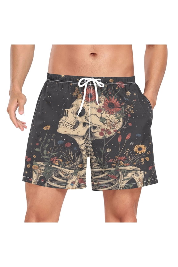 Mens Swim Trunks Mesh Liner Quick Dry Casual Beach Board Shorts with Pockets, Sizes S-2XL, Skeleton with Flowers Pattern