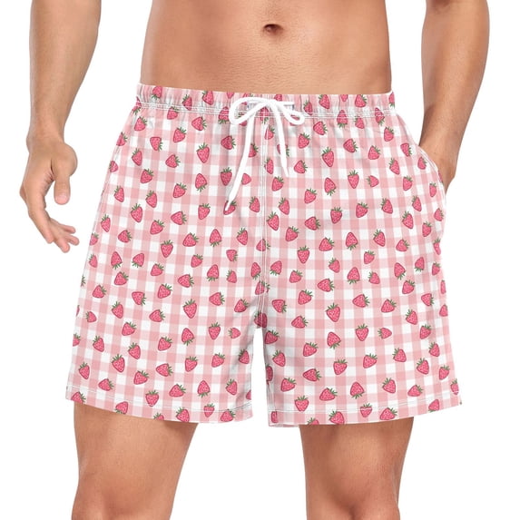 FORMRS Mens Swim Trunks Mesh Liner Quick Dry Casual Beach Board Shorts with Pockets, Sizes S-2XL, Strawberry Plaid Pattern