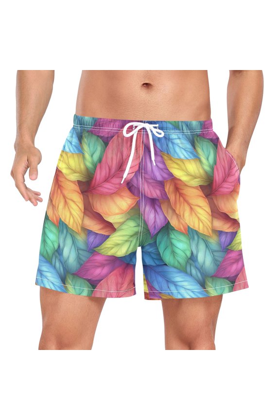 Mens Swim Trunks Mesh Liner Quick Dry Casual Beach Board Shorts with Pockets, Sizes S-2XL, Vibrant Leaves Pattern