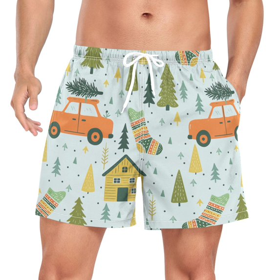 FORMRS Mens Swim Trunks Mesh Liner Quick Dry Casual Beach Board Shorts with Pockets, Sizes S-2XL, Whimsical Christmas Pattern