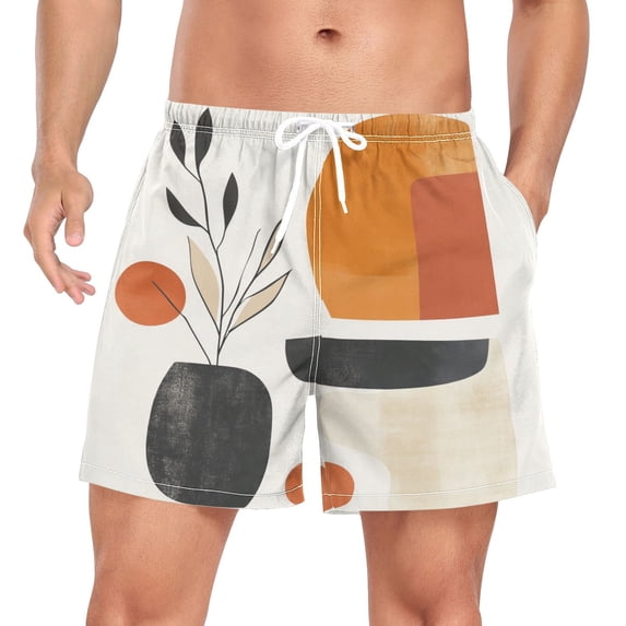 FORMRS Mens Swim Trunks Mesh Liner Quick Dry Casual Beach Board Shorts with Pockets, Sizes S-2XL, White Abstract Shapes