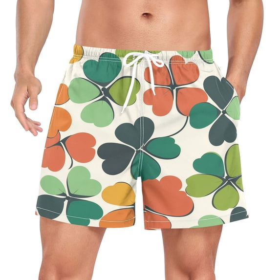 FORMRS Mens Swim Trunks Mesh Liner Quick Dry Casual Beach Board Shorts with Pockets, Sizes S-2XL, White Clover Pattern