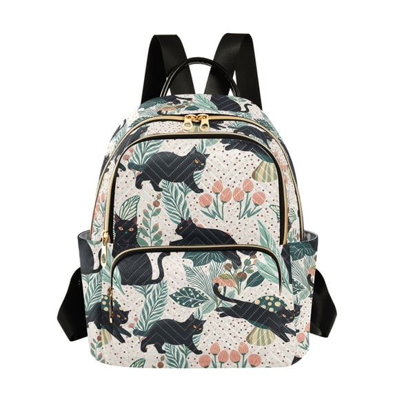 FORMRS Mini Backpack Purse for Women Quilted Travel Daypack Casual Shoulder Bag, Black Floral Cat Pattern