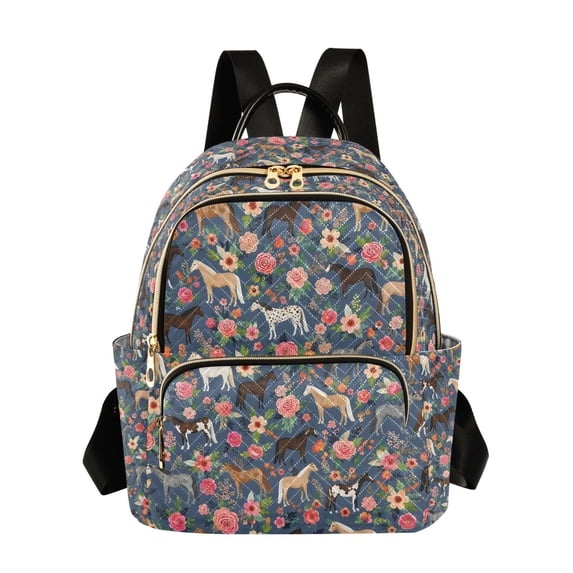 FORMRS Mini Backpack Purse for Women Quilted Travel Daypack Casual Shoulder Bag, Blue Floral Horses Pattern