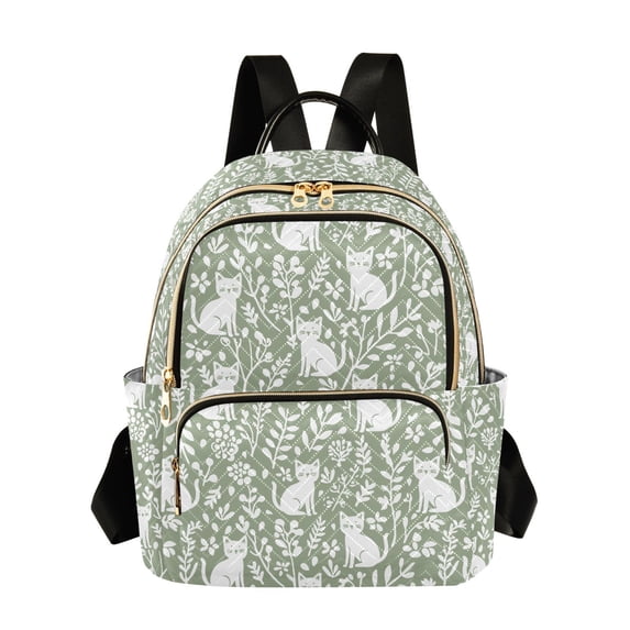 FORMRS Mini Backpack Purse for Women Quilted Travel Daypack Casual Shoulder Bag, Green Floral Cat Pattern