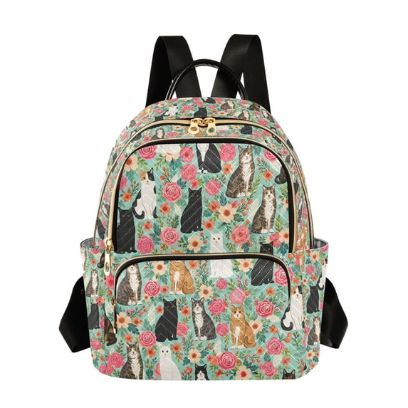 FORMRS Mini Backpack Purse for Women Quilted Travel Daypack Casual Shoulder Bag, Green Floral Cats Pattern