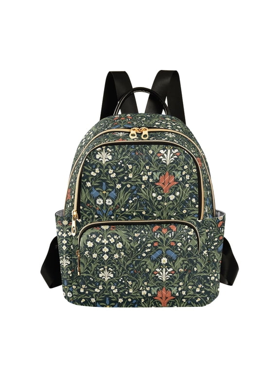 Mini Backpack Purse for Women Quilted Travel Daypack Casual Shoulder Bag, Green Flowers Pattern