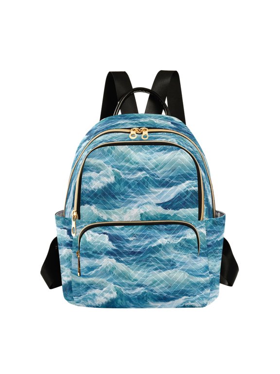 Mini Backpack Purse for Women Quilted Travel Daypack Casual Shoulder Bag, Green Watercolor Ocean Waves