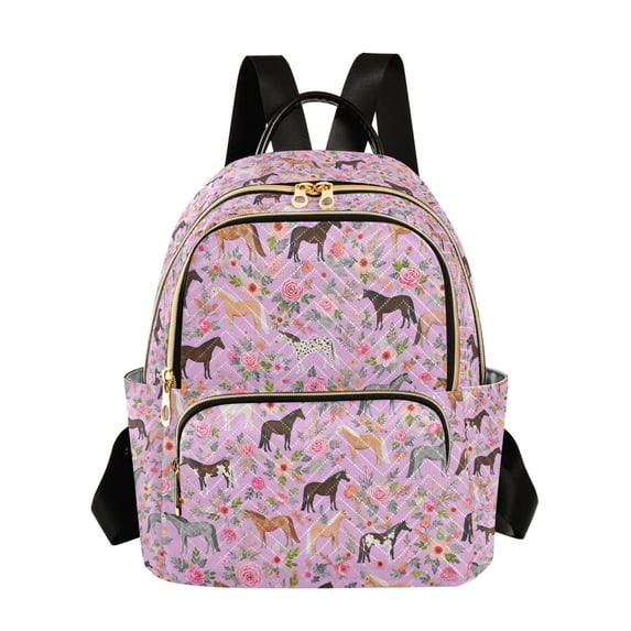 FORMRS Mini Backpack Purse for Women Quilted Travel Daypack Casual Shoulder Bag, Purple Floral Horses Pattern