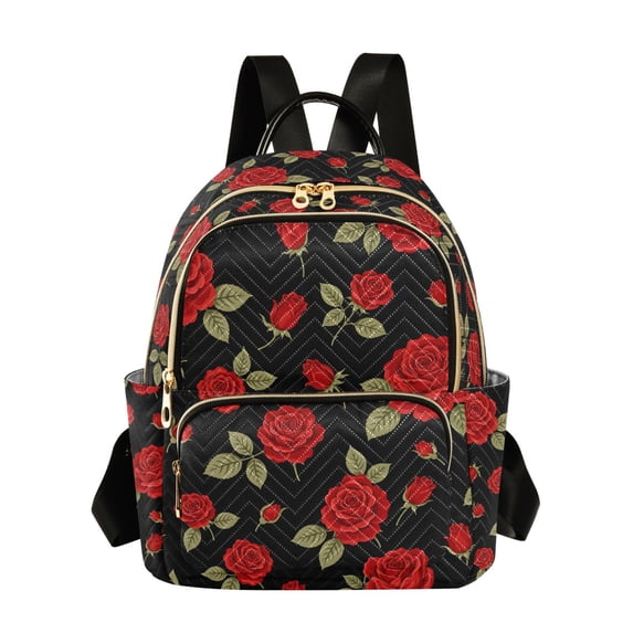 FORMRS Mini Backpack Purse for Women Quilted Travel Daypack Casual Shoulder Bag, Red Roses Pattern