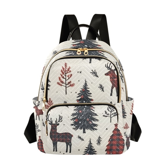 FORMRS Mini Backpack Purse for Women Quilted Travel Daypack Casual Shoulder Bag, Beige Christmas Forest