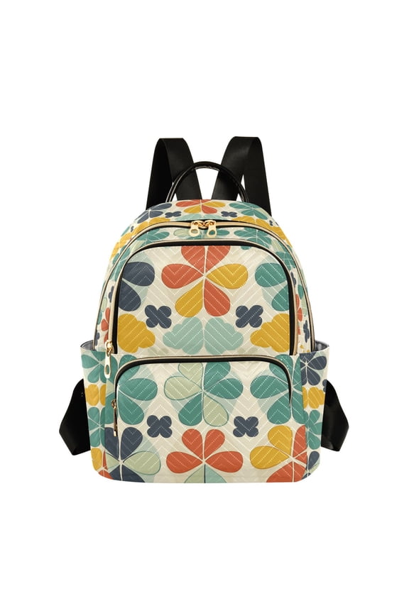 Mini Backpack Purse for Women Travel Daypack Casual Shoulder Bag, Beige Clover Pattern