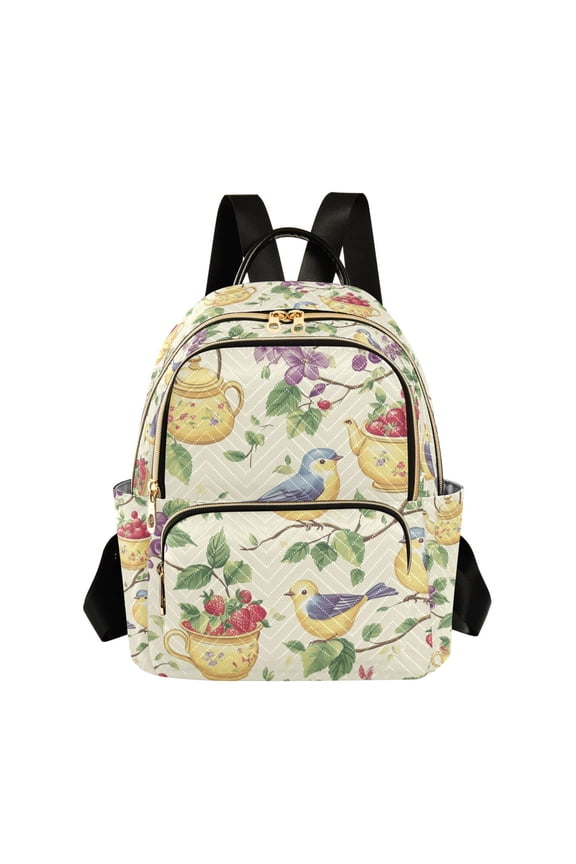Mini Backpack Purse for Women Quilted Travel Daypack Casual Shoulder Bag, Birds with Strawberries