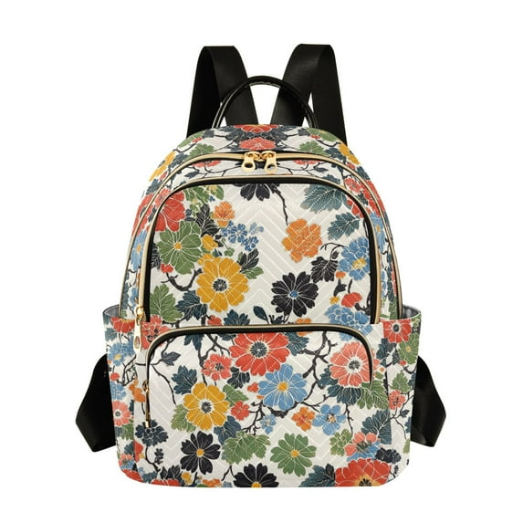 FORMRS Mini Backpack Purse for Women Quilted Travel Daypack Casual Shoulder Bag, Black Flowers Pattern