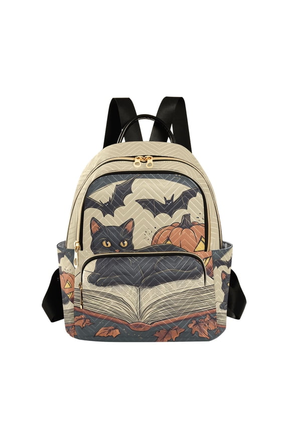 Mini Backpack Purse for Women Travel Daypack Casual Shoulder Bag, Black Halloween Cat
