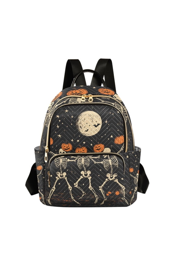 Mini Backpack Purse for Women Quilted Travel Daypack Casual Shoulder Bag, Black Halloween Dancing Skeleton