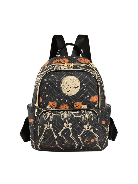 Mini Backpack Purse for Women Quilted Travel Daypack Casual Shoulder Bag, Black Halloween Dancing Skeleton