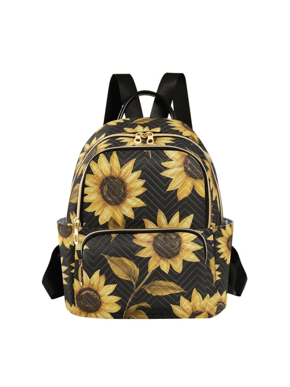 Mini Backpack Purse for Women Quilted Travel Daypack Casual Shoulder Bag, Black Sunflower Pattern