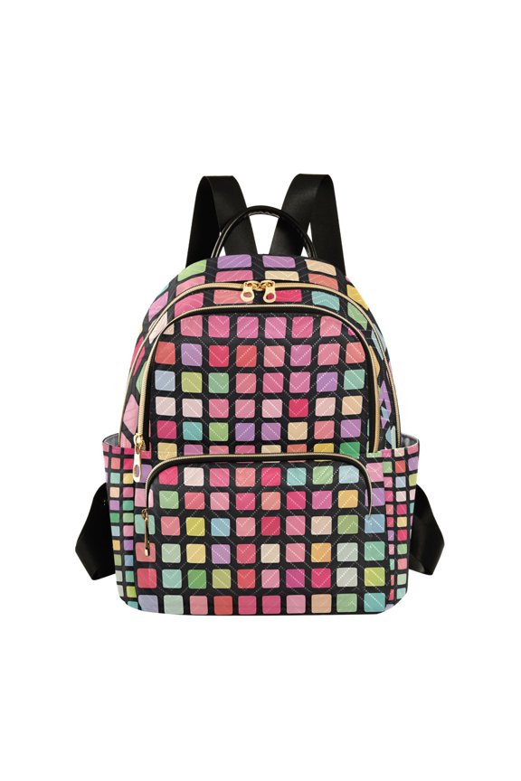 Mini Backpack Purse for Women Travel Daypack Casual Shoulder Bag, Colorful Block Pattern