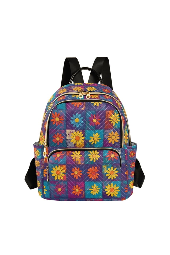 Mini Backpack Purse for Women Travel Daypack Casual Shoulder Bag, Colorful Checkered Daisy