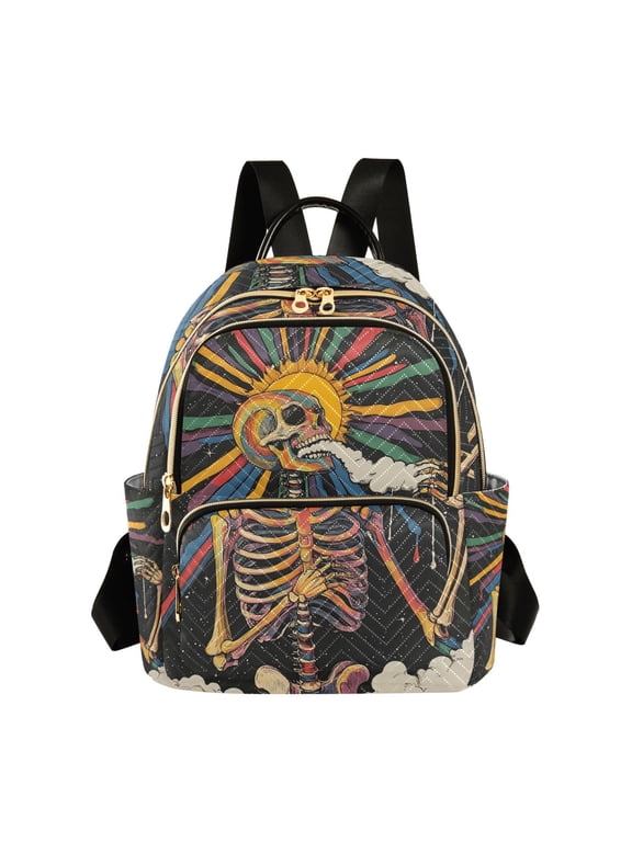 Mini Backpack Purse for Women Quilted Travel Daypack Casual Shoulder Bag, Colorful Skeleton Sun