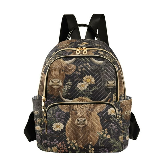 FORMRS Mini Backpack Purse for Women Quilted Travel Daypack Casual Shoulder Bag, Cows and Flowers